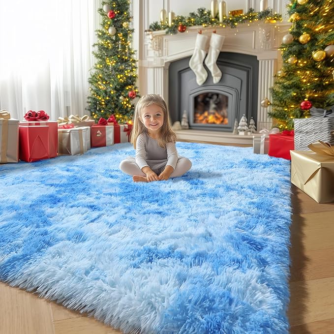 Amdrebio Tie-Dyed Light Blue Area Rugs for Bedroom Living Room, 5x7 Soft Cute Fluffy Stitch Rug for Girls, Boys, Baby Kids Room Decor, Plush Shaggy Fuzzy Furry Carpet for Classroom Nursery Playroom