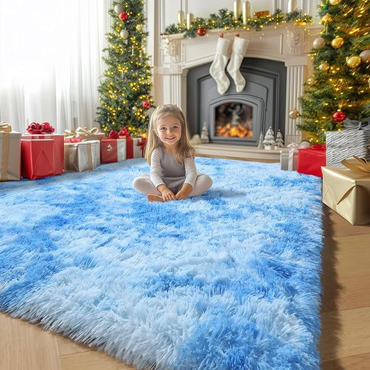 Amdrebio Tie-Dyed Light Blue Area Rugs for Bedroom Living Room, 5x7 Soft Cute Fluffy Stitch Rug for Girls, Boys, Baby Kids Room Decor, Plush Shaggy Fuzzy Furry Carpet for Classroom Nursery Playroom