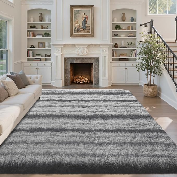 Area Rugs for Living Room 6x9 Feet, Soft Fluffy Shagg Plush Bedroom Rug Non-Slip,Large Carpet for Nursery Kids Dorm Home Deco Grey&White Stripe