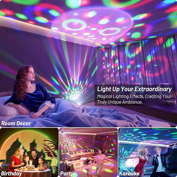 Disco Ball Party Lights Disco Light Sunset Lamp Projector with White+RGB+UV+YGB Modes LED Strobe DJ Stage Lights for TIK Tok Live Photography Parties Home Room Dance Birthday Christmas Halloween Décor