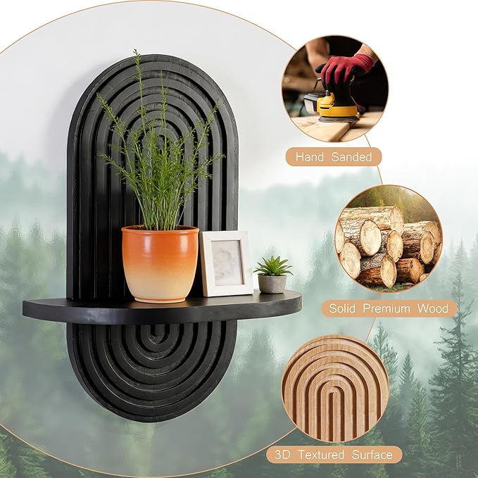 Heiple Set of 2 Boho Arched Floating Shelves 15.7”x 7.8”3D Wooden Hanging Shelf for Living Room Bedroom Nursery Mid Century Modern Wall Decor(Black, 11.7 * 15.7)