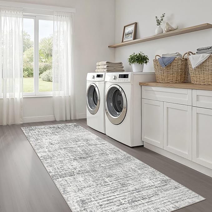 Runner Rug Non-Slip Kitchen Rug: 2x6 Washable Abstract Modern Soft Stain Resistant Indoor Floor Neutral Accent Throw Carpet for Hallway Bathroom Laundry Room Bedroom Entryway- Grey