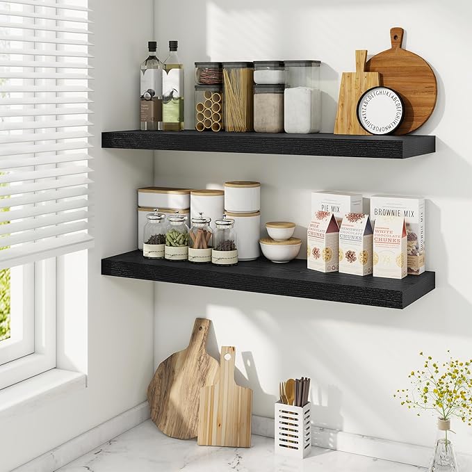 Fun Memories 9.3Inch Deep Floating Shelves for Wall, 32 Inch Rustic Wood Wall Mounted Shelves for Bathroom, Bedroom, Kitchen, Deep Floating Shelf for Storage & Home Decor (Black, Set of 2)