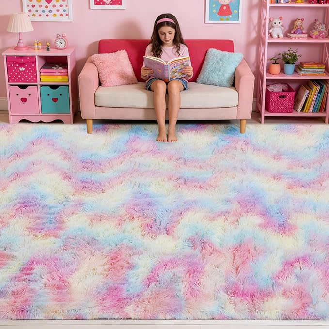 5x7 Plush Fluffy Area Rugs, Large Soft Carpet, Upgraded Non-Slip Rectangular Rug for Living Room, Bedroom, Kids Room, Dorm, Modern Home Decor Aesthetic,Rainbow