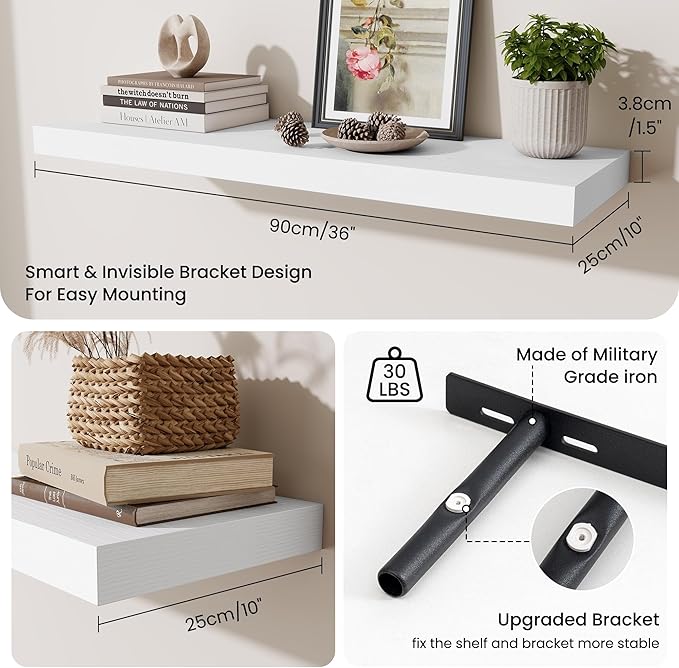 Fun Memories Floating Shelves Set of 2, 36 Inch Long Wooden Wall Shelves, 10 Inch Deep Wall Mounted Storage Shelf with Metal Brackets for Living Room, Bathroom, Bedroom and Kitchen, White