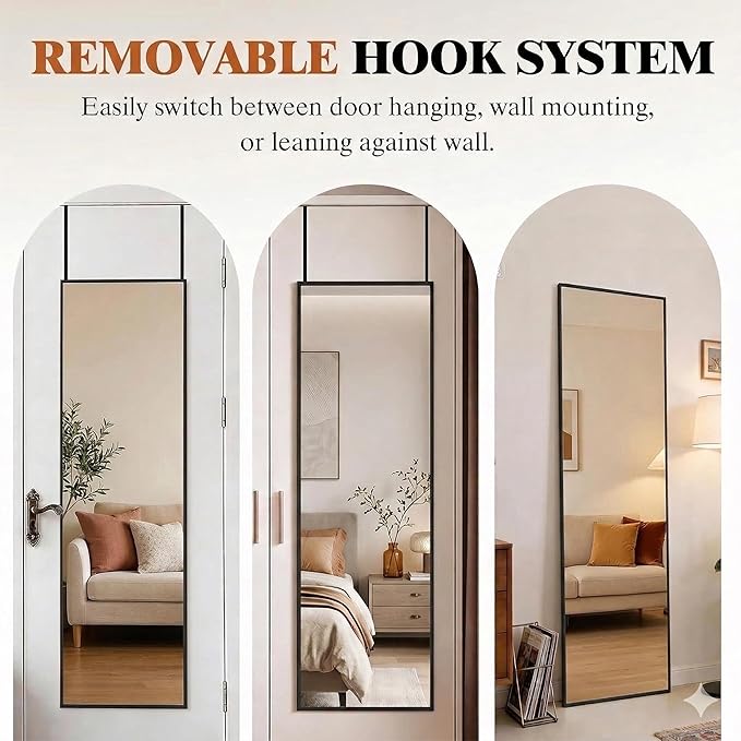 Simple Deluxe 47x14 Full Length Mirror Over The Door, Wall Mounted Full Body Mirror, Minimalist Black Aluminum Frame, HD Tempered Glass, for Bedroom, Living Room, Entryway, Black Rectangle