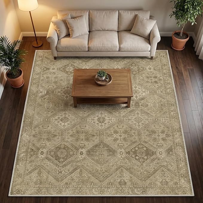 GENIMO 8x10 Area Rugs for Living Room, Machine Washable Non Slip Vintage Rugs, Low Pile Lightweight Print Rug for Bedroom, Dining Room, Home Office, Tan Brown