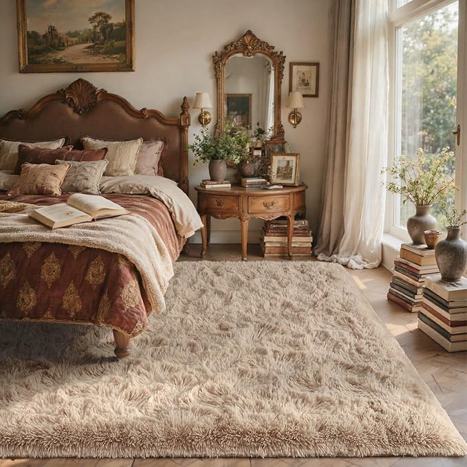 5x8 Living Room Rugs Fluffy Neutral Beige Area Rug,Modern Plush Non-Slip Soft Bedroom Shag Carpet for Book Room Office,Coffee Stain Resistant