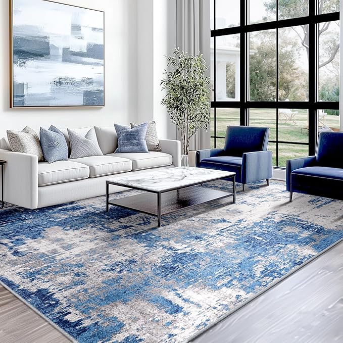 RELEANY Washable Area Rugs 10'x12' Non-Slip Modern Abstract Soft for Living Room Entryway Bedroom Nursery, Print Pattern, Blue Grey Navy Gray