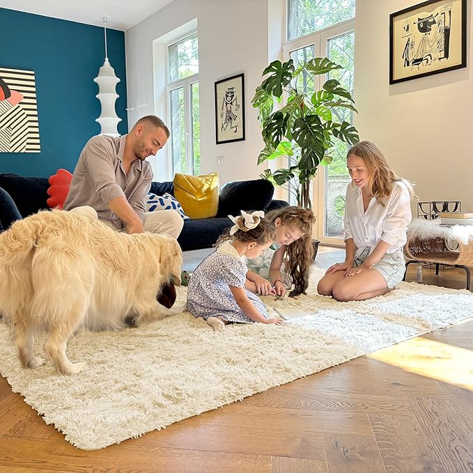 OLANLY 3x5 Machine Washable Small Bedside Rug, Soft Fluffy Shaggy Rugs for Living Room, Bedroom, Indoor Floor Carpet for Kids Girls and Boys, Preppy Dorms, Nursery, Home Decor Aesthetic, Cream