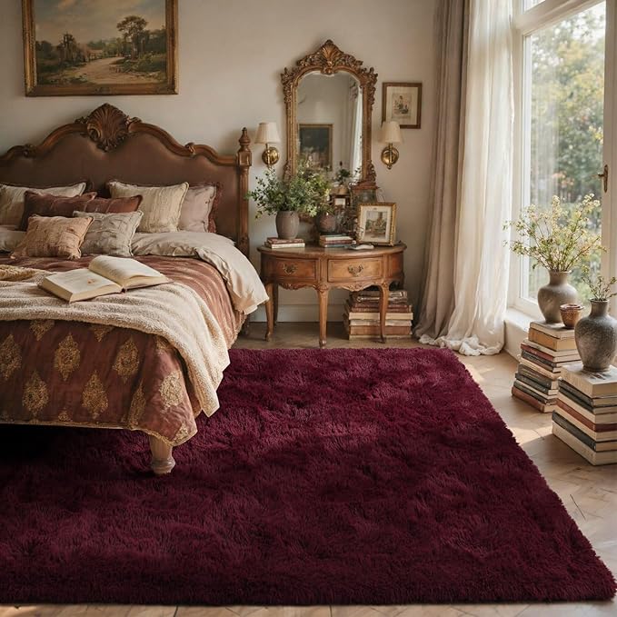 Red Area Rugs for Bedroom 4x6 Shag Fur Rug,Modern Non-Slip Soft Plush Carpets for Girls Woman Female Living Wedding Room Home Décor Aesthetic Dark