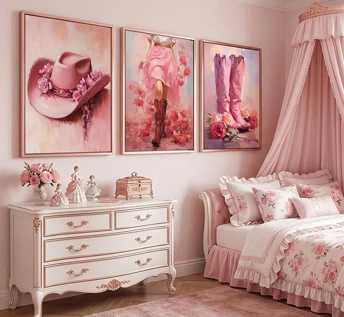 3Pcs Pink Cowgirl Canvas Wall Art Funky Cowgirl Boots Posters Prints Paintings Western Flower Boots Hat Aesthetic Pictures Wall Decor for Preppy Room Bedroom Apartment Decoration Unframed