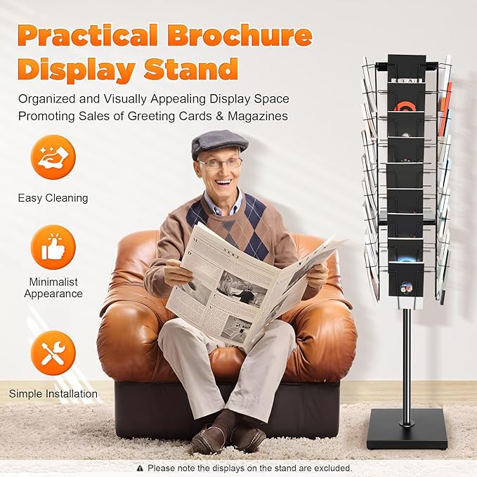 360°Rotating Shelf, 36 Pockets Metal Rotated Organizer Stand Magazine Rack 36 Pocket Rotating Magazine Rack 132.3lbs Load Capacity for Display In Offices, Audiovisual Stores, schools