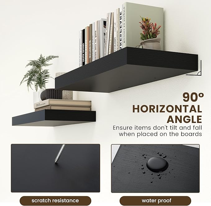 FLYJOE 30 Inch Floating Shelves | 12 Inch Deep Black Floating Shelves Set of 2 | 30" W x 12" D Rustic Wood Shelves for Wall | Deep Black Shelves for Living Room Bathroom Laundry Room Kitchen