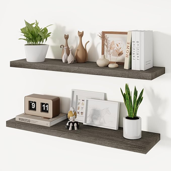 Vivelove Solid Wood Floating Shelves Set of 2, Elm Wood Wall Shelf with Invisible Bracket for Living Room Bedroom Bathroom Office, Rustic Farmhouse Display Shelf, 36 inch - Grey