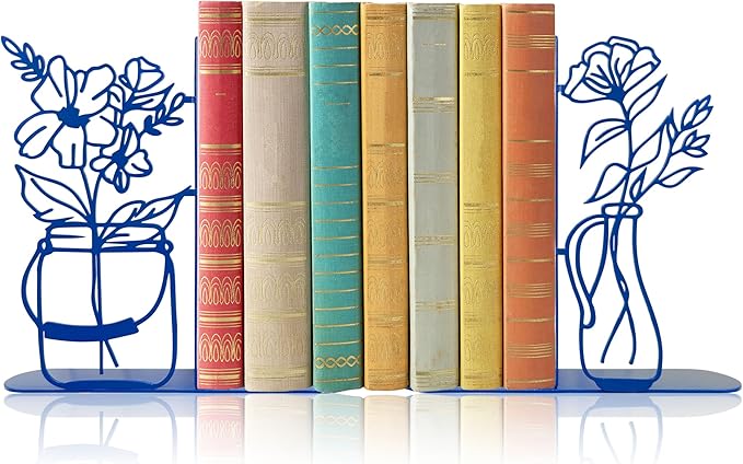 Flower Vase Bookends, Metal Decorative BookEnds for Shelves Cute Book Ends for Office Home Decor, Ideal Gift for Book Lovers (Blue)