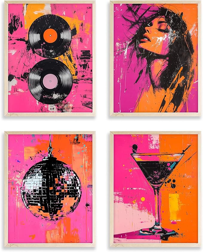 Eastern Print Disco Abstract Wall Art Set of 4, Retro Vinyl Record & Disco Ball Posters, Pink and Orange Wall Decor for Home and Kitchen, Record Wall Art, Abstract Poster, 8x10 Unframed