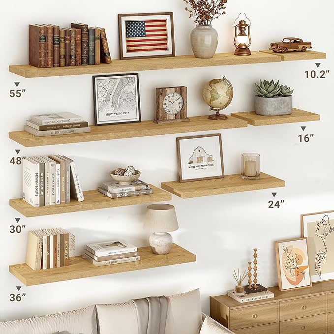 Vivelove 10" Deep Floating Shelves with Invisible Brackets, 30" Wall Shelves for Bathroom Bedroom Kitchen Living Room Laundry Room, Modern Rustic Shelves for Home Decor, 30"x10.2"x1.5", Set of 2, Oak