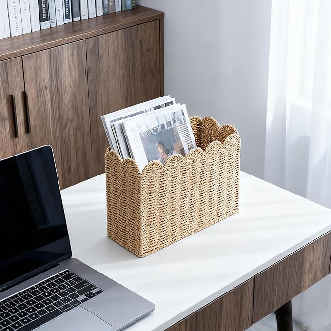 Paper Rope Magazine Holder for Floor, Wicker Magazine Basket, Tall Narrow Book Basket & File Holder for Books, Mail, Newspapers & Papers, Scalloped Storage Basket for Living Room, Office, Bedroom