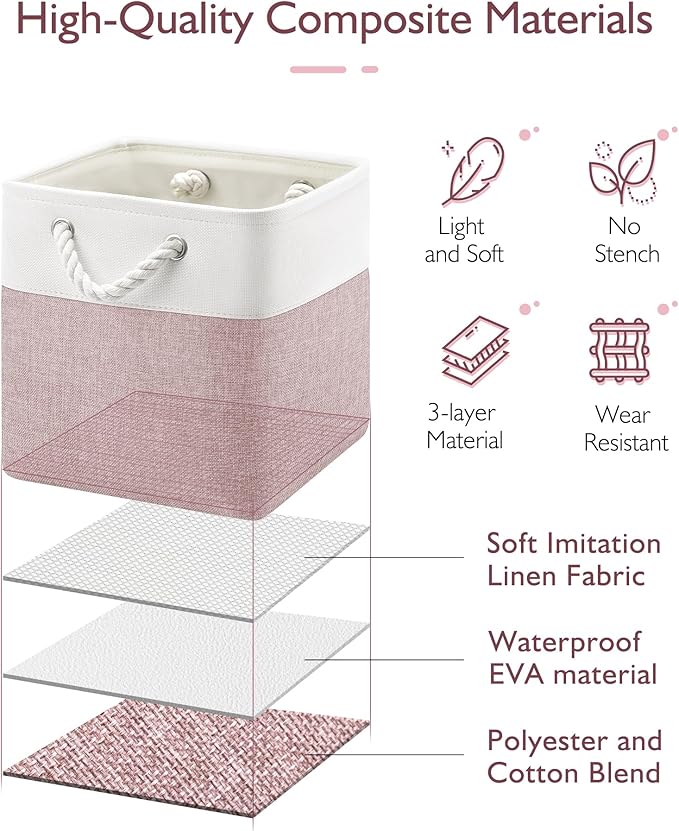 Patvingot 11 Inch Cube Storage Bins, 4 Pack Fabric Storage Cubes with Rope Handles, Organizer Baskets for Closet Shelves, Clothes and Home Organization(White/Pink)