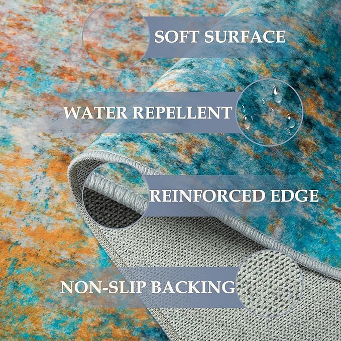 RELEANY Washable Area Rugs 8'x10' Non-Slip Modern Abstract Soft for Living Room Entryway Bedroom Nursery, Print Pattern, Teal Blue Green Orange Rust Red Colorful