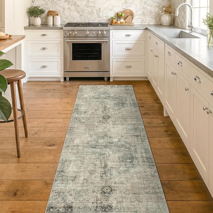 Washable Kitchen Runner Rug 2x6, Green and Brown Low Pile Soft Rugs for Bedroom Beside Bed, Runner Carpets for Hallway Non Slip, Entryway, Bathroom, Vintage Medallion Abstract Décor