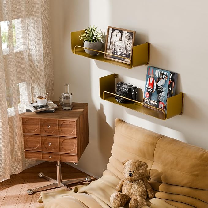 16 Inch Gold Floating Shelves Set of 2, Narrow Iron Bathroom Shelves with Guardrail, U-Shaped Wall Mounted Shelf for Home Decor & Organizer, Display Shelf for Bathroom,Kitchen,Bedroom&Any Room