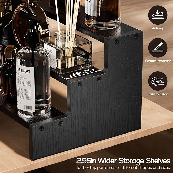 ProCase Wooden Cologne Organizer for Men, 3 Tier Perfume Organizer, Mens Cologne Stand Holder Storage, Display Riser Shelf Rack for Fragrances Candles Cosmetics Cupcake Figure Spice -Black