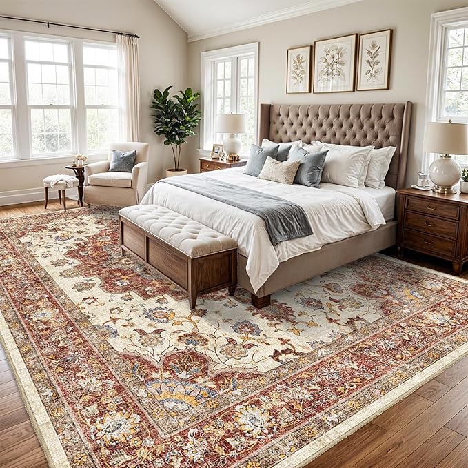 TOPRUUG Washable Oriental Area Rug - 10x14 Rugs for Living Room Soft Carpet for Bedroom Waterproof Floral Distressed Indoor Stain Resistant Non-Shedding Floor Carpets (Red, 10X14)
