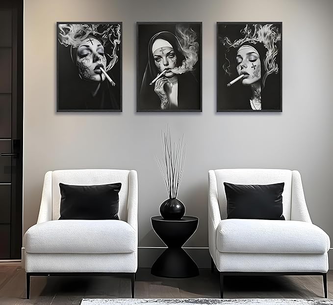 FJKLRP 3pcs Smoking Nun Wall Art Black and White Tattooed Woman Canvas Prints Poster Edgy Gothic Dark Aesthetic Wall Decor for Living Room Bedroom Studio Bar Unframed