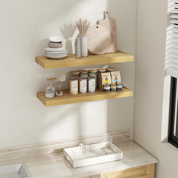 Fun Memories 36 Inch Oak Floating Shelves for Wall, 12 Inch Deep Shelves for Bathroom|Kitchen|Bedroom, Wall Mounted Rustic Wood Floating Shelf with Invisible Brackets for Books|Storage|Decor, 2 Pack