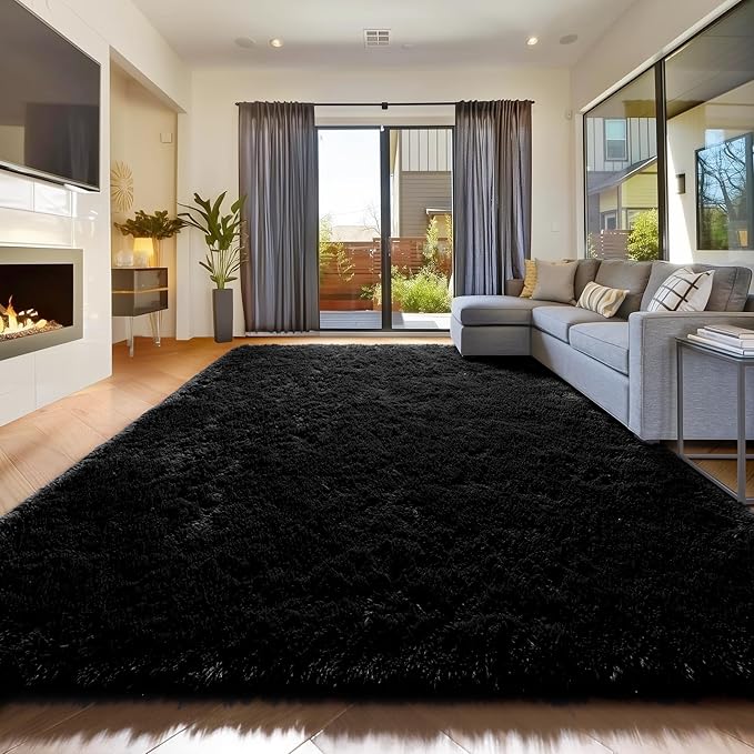 Amdrebio Black Fluffy Large Living Room Rugs,6x9 Rug,Furry Area Rug for Bedroom,Shag Rug for Kids Room,Plush Big Carpet for Living Room,Soft Shaggy Rug for Playroom,Modern Cool Rug for Men Boys