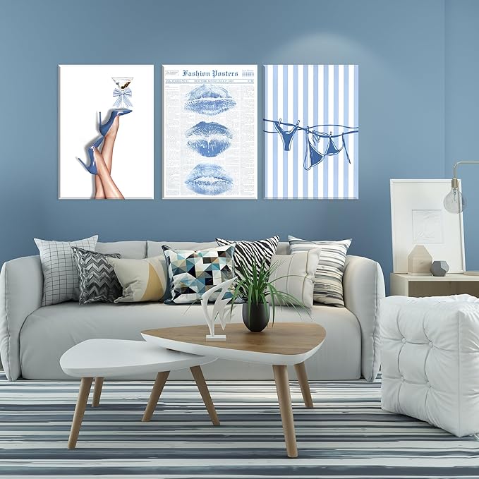 3Pcs Trendy Coquette Wall Art Blue Lips Bikini & Bow Heels Wall Decor Pictures Vintage Martini Newspapaer Canvas Posters Prints for Y2K Girly Room Dorm Apartment Preppy Aesthetic Decor 12x16in