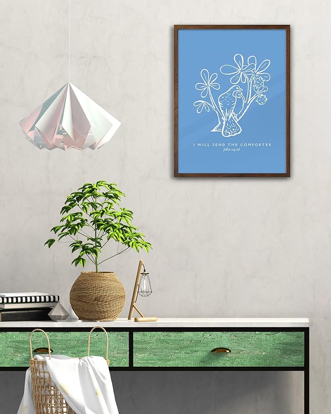 EcoHest Walnut Color OAK Wood Jesus Framed Wall Art, 12x16in John 14:16 I Will Send The Comforter Bible Verse Christian Wall Art, Blue Bedroom Decor For Living Room Bathroom Christian Gift 1Pack