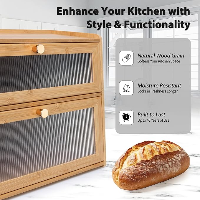 Bamboo Bread Box 2 Tiered for Kitchen Counter-Large Capacity Wood Bread Basket Storage Container Bread Box with Window Bread Holder with Shelf Vitamin Bottle Storage