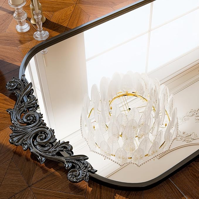 GLSLAND Vintage Mirror - 72"x 44" Full Length Mirror Large Carved Arched with Metal Frame Baroque Full Body Mirrors for Bathroom/Living Room/Entryway,Black