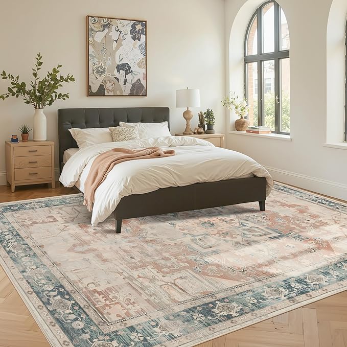 Rugxara 8X10 Orange Boho Rug,Large Washable Area Rugs for Living Room, Neutral Vintage for Office, Dining Room, Kids Room, Farmhouse, Low Pile Non Slip Carpet for High Traffic Areas, Coral