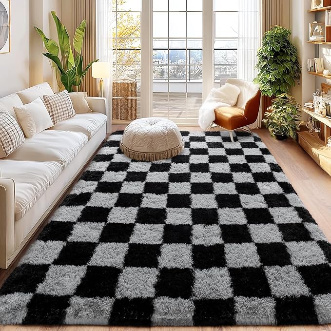 Checkered Rugs for Living Room Bedroom, 5x7 Area Rugs for Living Room, Modern Shaggy Carpets Fuzzy Rug for Boys Girls Dorm Nursery Home Decor Aesthetic, Upgrade Non-Slip Durable, Dark Grey