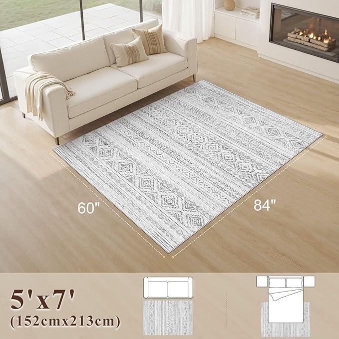 cotiled 5x7 Area Rug Living Room: Washable Boho Rugs with Non Slip Backing Large Soft Indoor Stain Resistant Carpet for Bedroom Farmhouse Dining Room Lightweight Home Decor Light Grey