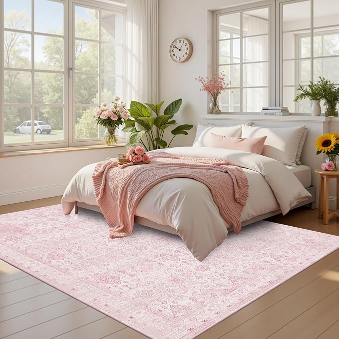 Rugxara Pink Rug for Living Room Bedroom, 5x7 Area Rugs Washable Vintage Floral Retro Boho Non Slip & Low Pile Nursery Carpet for Indoor Girls Kids Room, Classroom, Dorm, Playroom and Dining Room