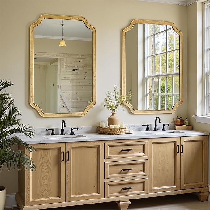 Wooden Bathroom Mirror for Wall, 24" x 36" Rustic Vanity Mirror for Over Sink, Natural Wood Wall Mirror with Decorative Rounded Corner Frame for Bathroom,Farmhouse, Entryway, Bedroom, Living Room