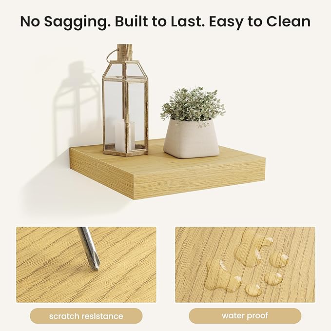 Fun Memories Rustic Wood Floating Shelves for Wall, Space-Saving Wall Mounted Shelves for Bathroom, Bedroom, Living Room and Kitchen, Stylish Storage & Display (Set of 4, Oak, 9.3 in)