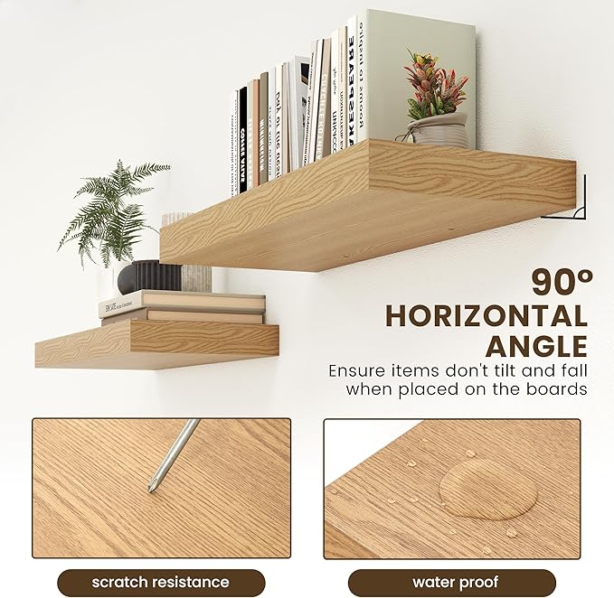 FLYJOE 30 Inch Floating Shelves | 12 Inch Deep Oak Floating Shelves Set of 2 | 30" W x 12" D Rustic Wood Shelves for Wall | Deep Oak Shelves for Living Room Bathroom Laundry Room Kitchen