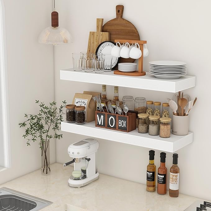 FLYJOE Deep Floating Shelves | 36 Inch White Floating Shelves Set of 2 | 12 Inch Deep Rustic Wood Shelves for Wall | 36" W x 12" D White Shelves for Living Room Bathroom Laundry Room Kitchen