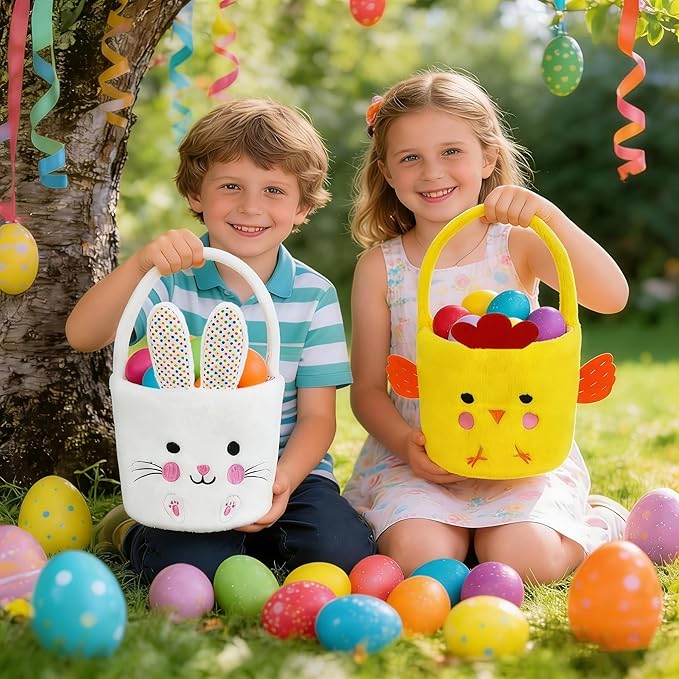 DearSun 2 Pcs Easter Basket Bunny & Chick Plush Baskets Dia 8" * H 15.7", Easter Egg Hunting Basket for Kids Gifts Party Decoration Supplies