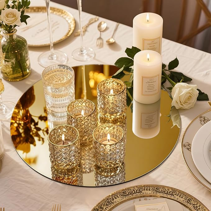 10PCS Gold Round Mirror Centerpieces for Tables Acrylic Circle Mirror Tray Candle Plate for DIY Craft Wedding Birthday Table Decorations Valentine Party Wall Decor (10inch/25cm)