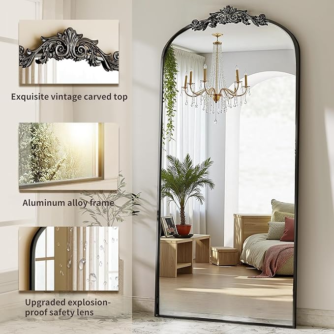 Dewfig Arched Full Length Mirror, 71"x32" Full Body Mirrors with Carved, Floor Mirror for HomeDecor, Standing/Halling Large Wall Mirror for Bedroom, Living Room, Cloakroom, Black, Retro Style