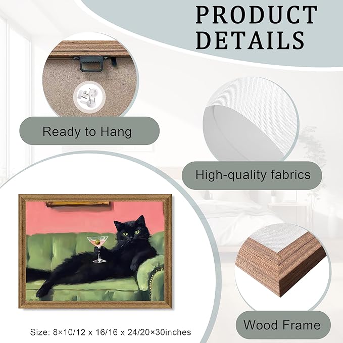 Fantasy Artists Humorous Black Cat Character Wall Art – Relaxed Anthropomorphic Illustration with Playful Attitude, Framed Canvas for Living Room, Office or Creative Space, 20W X 30H