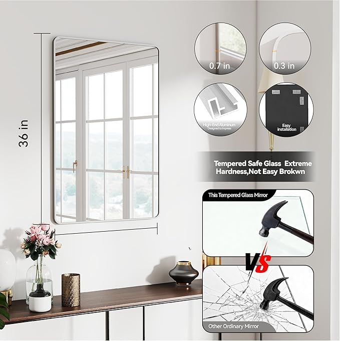 SCWF-GZ 24x36 Mirror Vanity Bathroom Wall Mounted Aluminum Alloy Metal Frame Dressing Round Rectangle Mirrors for Entryway Bedroom Living Room Horizontally or Vertically 36x24 inch Silver
