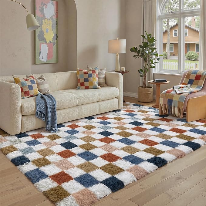 PureCozy Checkered Rug 5x8 for Living Room, Modern Rainbow Shag Rug Super Soft Washable Indoor Fuzzy Carpet Non-Slip Fluffy Rugs for Bedroom Home Aesthetic Decor